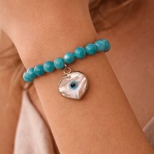 Turquoise Beaded bracelet with Heart Evil Eye Charm - Stretch protection Brace
